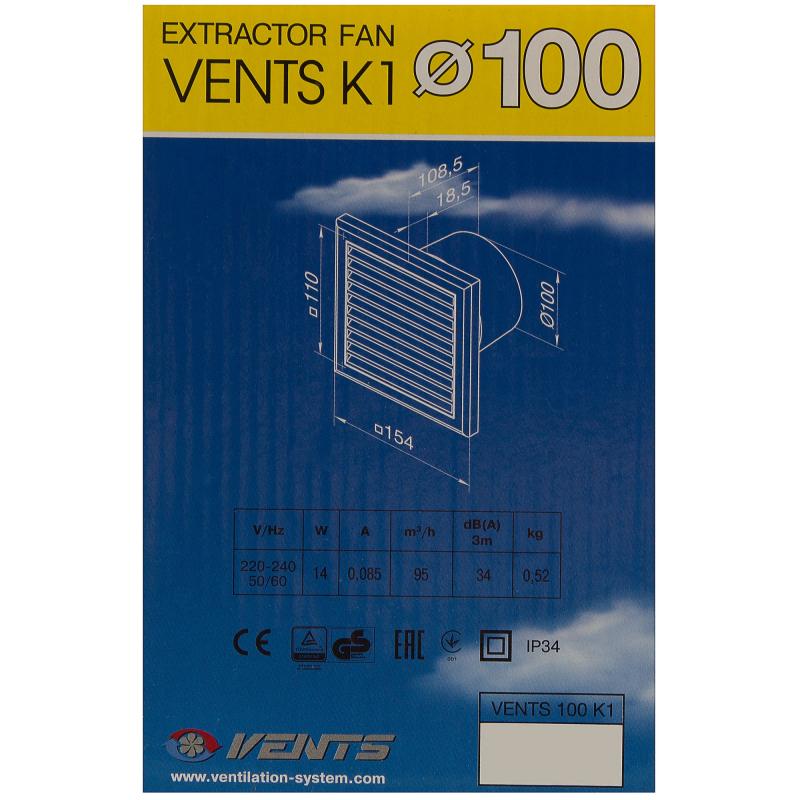 Вентилятор осевой вытяжной Вентс К1 D100 мм 34 дБ 95 м³/ч цвет белый