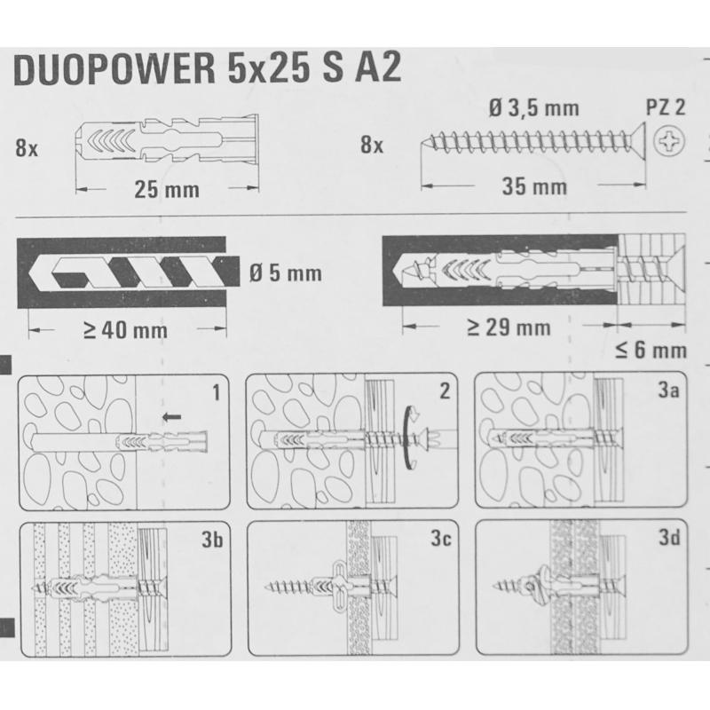 Дюбель с нержавеющим шурупом Duopower 5х25 мм, 8 шт.