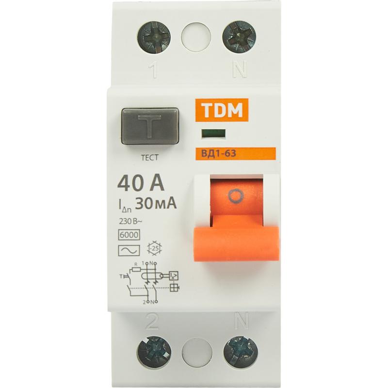 УЗО Tdm Electric ВД1-63 2P 40 A 30 мА 4.5 кА AC SQ0203-0013