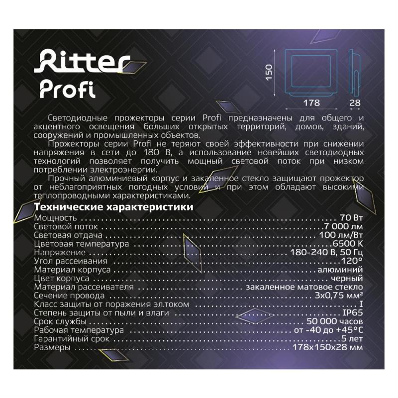 Прожектор жарықдиодты көшелік Ritter Profi 53409 3 70 Вт 7000 Лм 180-240В суық ақ жарық 6500К IP65 қара
