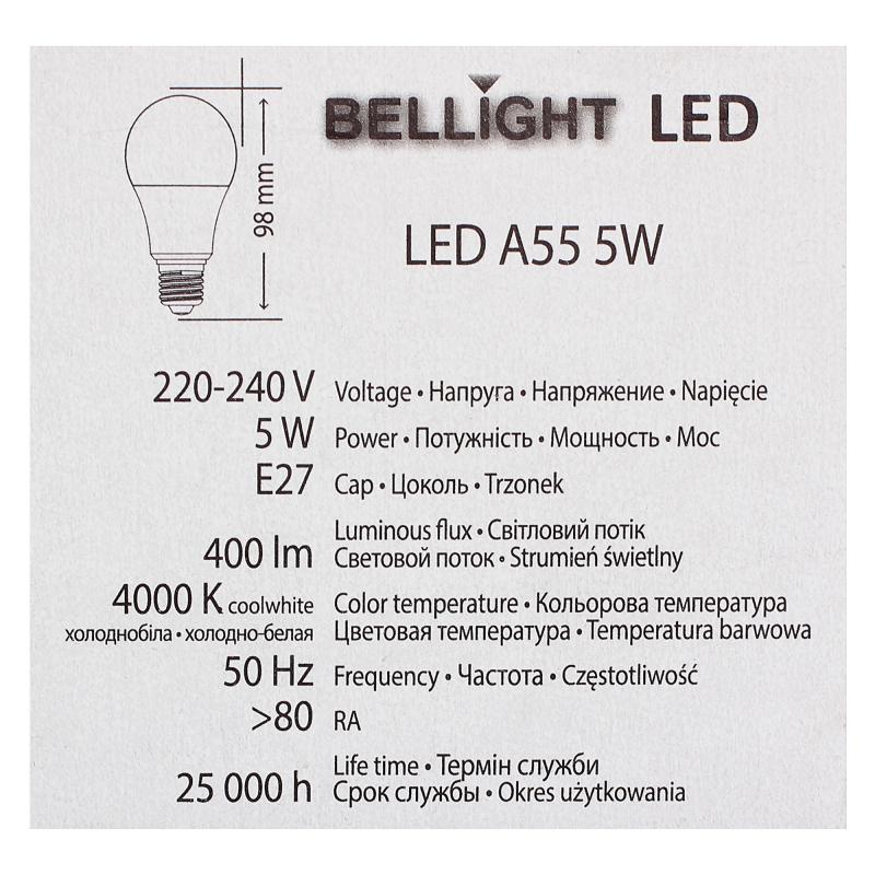 Лампа светодиодная Bellight A55, E27, 5 Вт, 400 Лм, свет холодный белый
