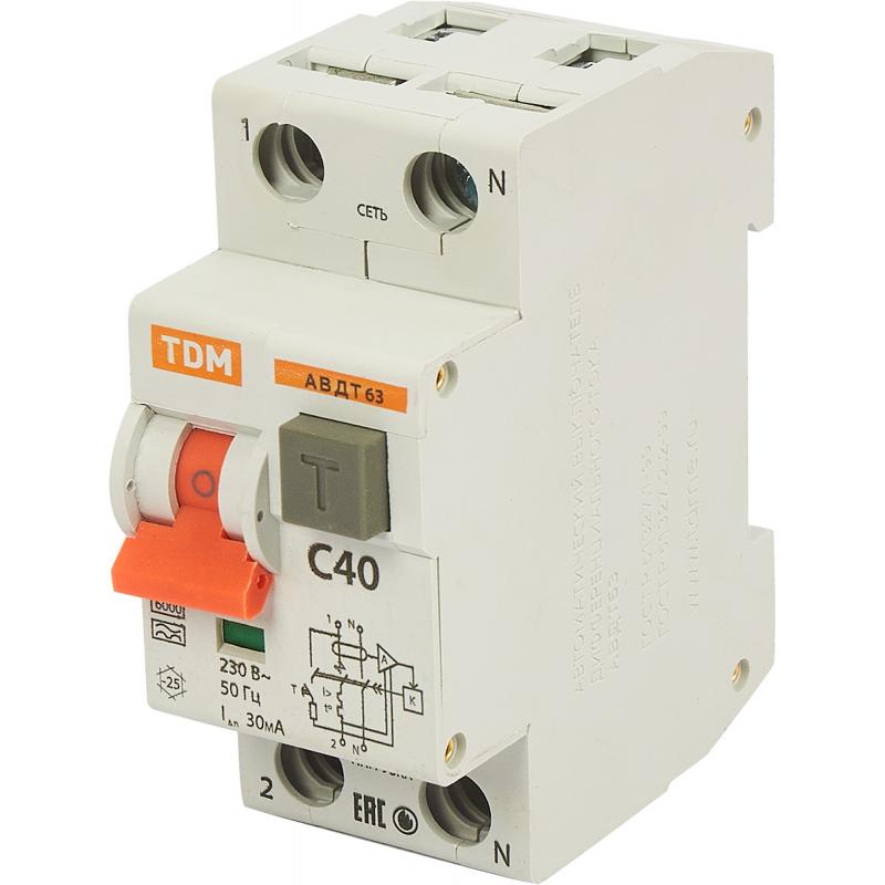 Дифференциальный автомат Tdm Electric АВДТ-63 1P N C40 A 30 мА 6 кА A SQ0202-0006