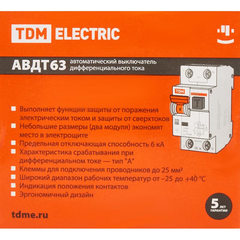 Дифференциальный автомат Tdm Electric АВДТ-63 1P N C40 A 30 мА 6 кА A SQ0202-0006