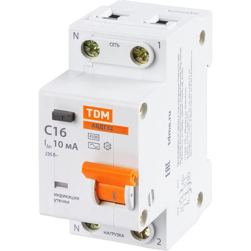 Дифференциалды автомат Tdm Electric АВДТ-32 1P N C16 A 10 мА 4.5 кА AC