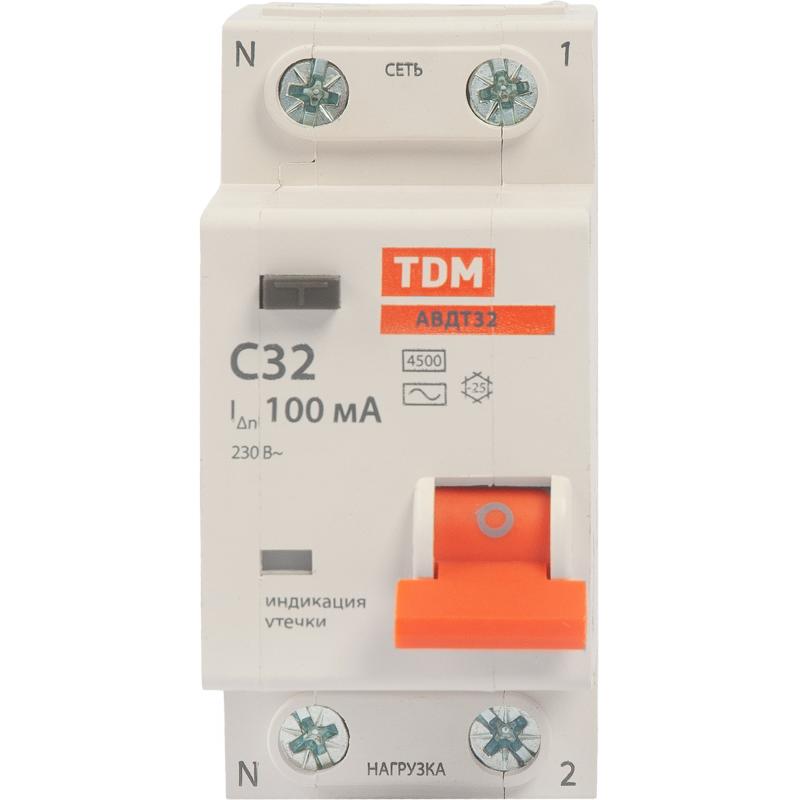 Дифференциальный автомат Tdm Electric АВДТ-32 1P N C32 A 100 мА 4.5 кА AC SQ0202-0508