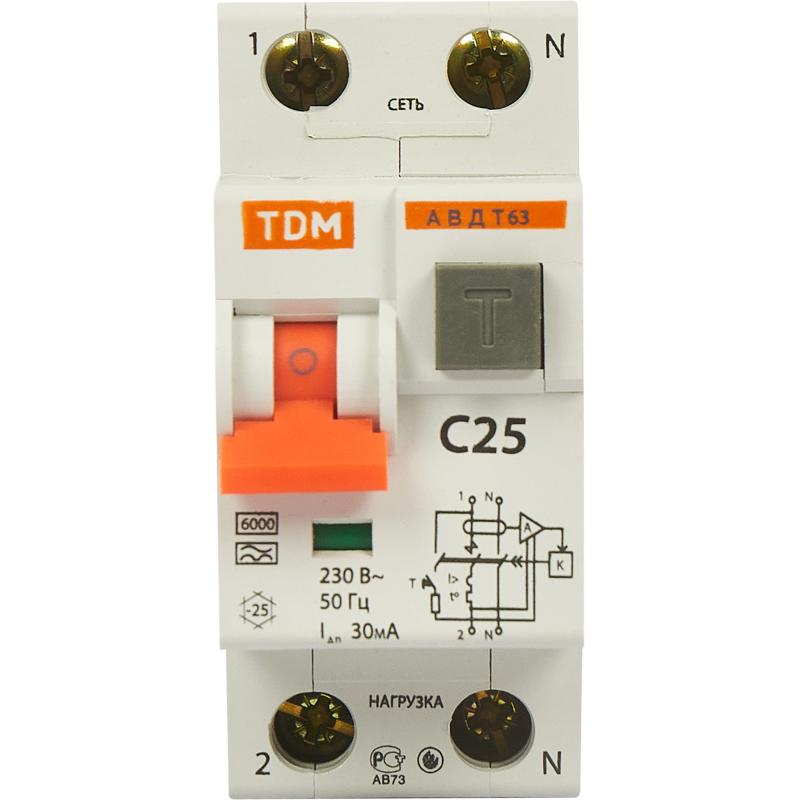 Дифференциальный автомат Tdm Electric АВДТ-63 1P N C25 A 30 мА 6 кА A SQ0202-0004