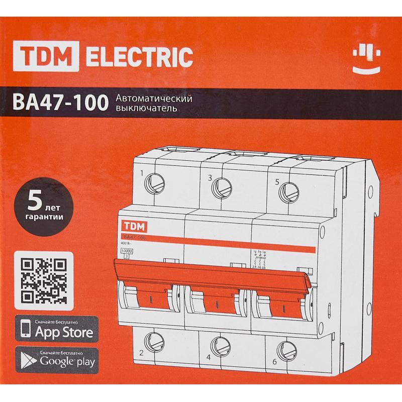 Автоматический выключатель Tdm Electric ВА47-100 3P C100 А 10 кА SQ0207-0077