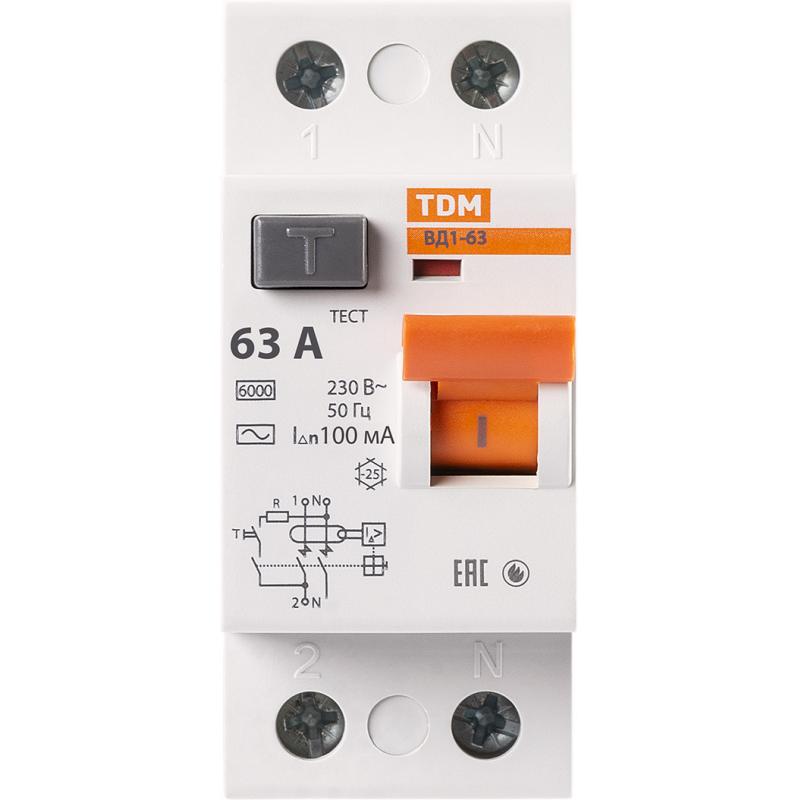 ҚӨҚ Tdm Electric ВД1-63 2P 63 A 100 мА 4.5 кА AC SQ0203-0017