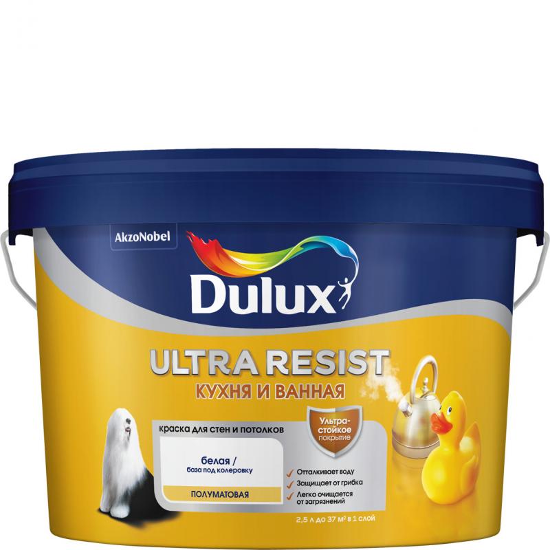 Краска для стен кухни и ванны Dulux Ultra Resist моющаяся полуматовая цвет белый база BW 2.5 л