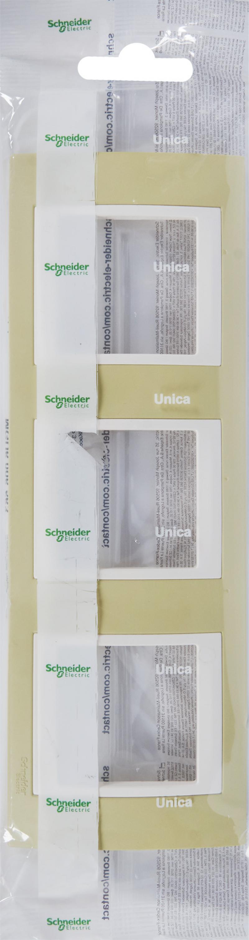 Рамка для розеток и выключателей Schneider Electric Unica 3 поста, цвет зелёное яблоко/бежевый