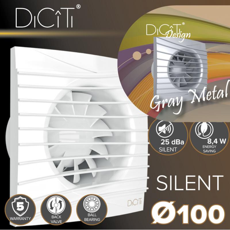 Вентилятор осевой вытяжной Diciti Silent 4C D100 мм 25 дБ 90 м³/ч обратный клапан цвет серый