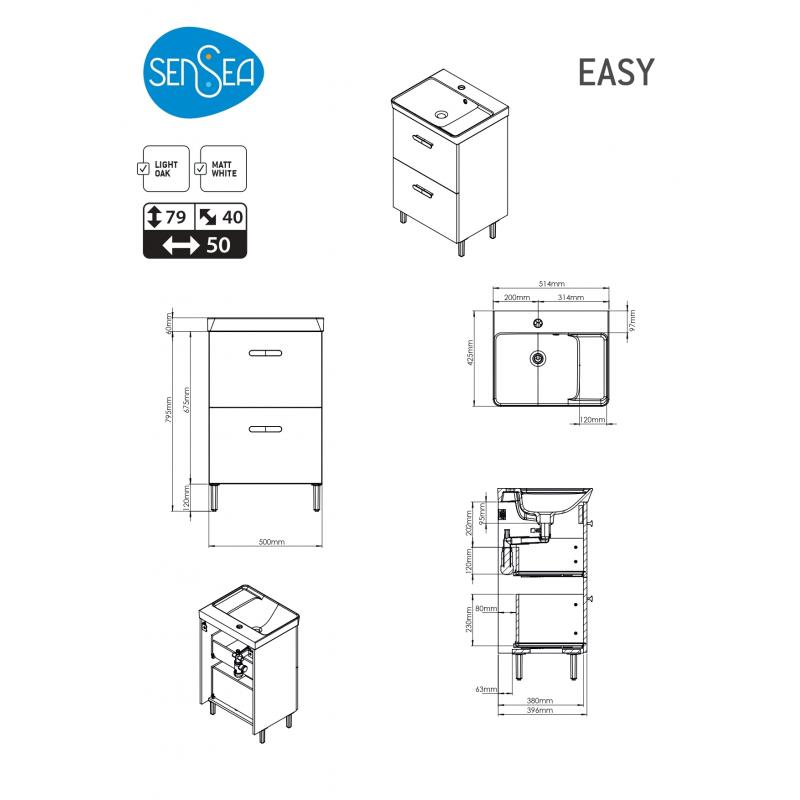 Тумба под раковину напольная Sensea Easy 50 см с двумя ящиками цвет белый