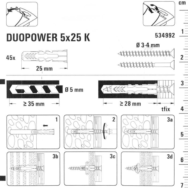 Дюбель қабырғалардың барлық түрлеріне арналған Duopower 5x25 мм түсі сұр/қызыл 45 дана