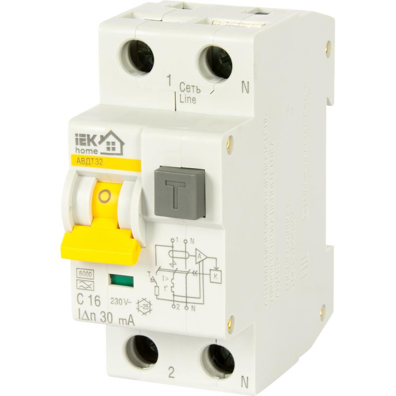 Автоматический выключатель дифференциального тока IEK Home 1P N C16 А 30 мА 6 кА АС MAD22-5-016-C-30