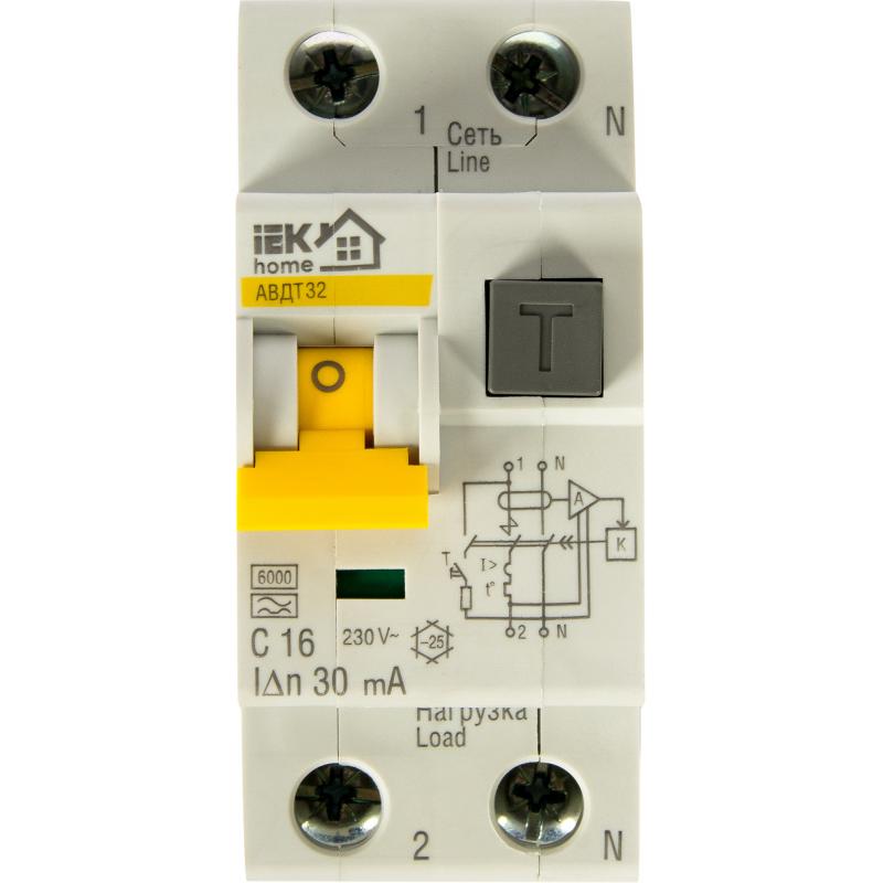 Автоматический выключатель дифференциального тока IEK Home 1P N C16 А 30 мА 6 кА АС MAD22-5-016-C-30