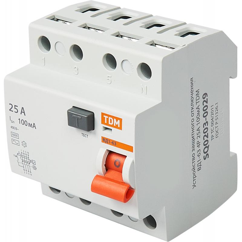 ҚӨҚ Tdm Electric ВД1-63 4P 25 A 100 мА 4.5 кА AC SQ0203-0029